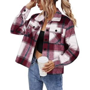 imageHOTOUCH Womens Flannels Fall Cropped Shacket Plaid Jacket Long Sleeve Button Down Coat 2025 Fall Fashion Trendy OutfitsRed Flannel