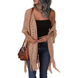 imageHOTOUCH Womens Knit Cardigan Open Front Outwear Hollow Out Crochet Tassel Lightweight Kimonos Sweater SXXLCamel