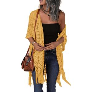 imageHOTOUCH Womens Knit Cardigan Open Front Outwear Hollow Out Crochet Tassel Lightweight Kimonos Sweater SXXLYellow