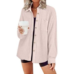 imageHOTOUCH Waffle Button Down Shirts for Women Dressy Casual Work Shacket V Neck Long Sleeve Lightweight Tops with Pocket01light Khaki