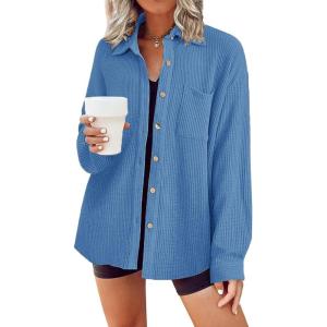 imageHOTOUCH Waffle Button Down Shirts for Women Dressy Casual Work Shacket V Neck Long Sleeve Lightweight Tops with PocketClear Blue