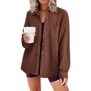 imageHOTOUCH Waffle Button Down Shirts for Women Dressy Casual Work Shacket V Neck Long Sleeve Lightweight Tops with PocketCoffee