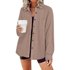 imageHOTOUCH Waffle Button Down Shirts for Women Dressy Casual Work Shacket V Neck Long Sleeve Lightweight Tops with PocketKhaki