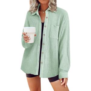 imageHOTOUCH Waffle Button Down Shirts for Women Dressy Casual Work Shacket V Neck Long Sleeve Lightweight Tops with PocketMint Green