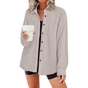 imageHOTOUCH Waffle Button Down Shirts for Women Dressy Casual Work Shacket V Neck Long Sleeve Lightweight Tops with PocketMoon Grey
