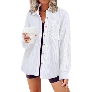 imageHOTOUCH Waffle Button Down Shirts for Women Dressy Casual Work Shacket V Neck Long Sleeve Lightweight Tops with PocketWhite