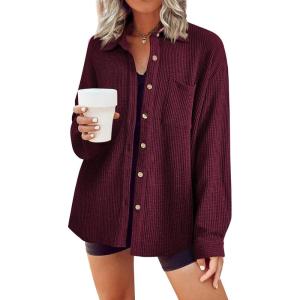imageHOTOUCH Waffle Button Down Shirts for Women Dressy Casual Work Shacket V Neck Long Sleeve Lightweight Tops with PocketWine Red