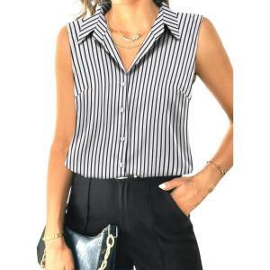 imageHOTOUCH Womens Sleeveless Button Down Shirt Tops V Neck Business Casual Collared Blouses Tank TopBlack White Striped