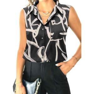 imageHOTOUCH Womens Sleeveless Button Down Shirt Tops V Neck Business Casual Collared Blouses Tank TopBlack and Beige