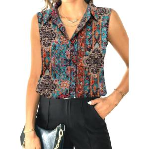 imageHOTOUCH Womens Sleeveless Button Down Shirt Tops V Neck Business Casual Collared Blouses Tank TopBohomian Brown