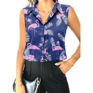 imageHOTOUCH Womens Sleeveless Button Down Shirt Tops V Neck Business Casual Collared Blouses Tank TopNavy Flamingo