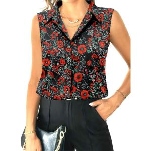 imageHOTOUCH Womens Sleeveless Button Down Shirt Tops V Neck Business Casual Collared Blouses Tank TopRed Floral