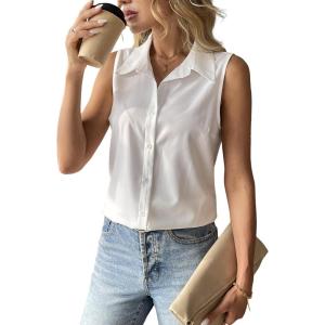 imageHOTOUCH Womens Sleeveless Button Down Shirt Tops V Neck Business Casual Collared Blouses Tank TopWhite