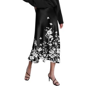 imageHOTOUCH Womens Midi Skirt High Waisted Solid Satin Dress Zipper Elegant Work SkirtsSf100