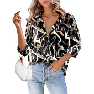imageHOTOUCH Women Satin Silk Button Down Shirt Ladies Long Sleeve Tops V Neck Loose Blouse Dressy Business Casual Work Tunic FallBlack  Khaki Lines