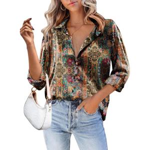 imageHOTOUCH Women Satin Silk Button Down Shirt Ladies Long Sleeve Tops V Neck Loose Blouse Dressy Business Casual Work Tunic FallTribal Bloom Paisley