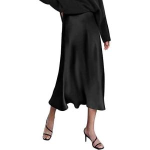 imageHOTOUCH Womans Causal Midi Skirt Long Dress High Waist Office Silk Skirts Black