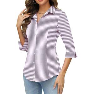 imageHOTOUCH Women Button Down Shirts 34 Sleeve Basic Business Dress Shirt Slim Fitted Classic V Neck Button Up Work Blouse TopsPurple Stripes
