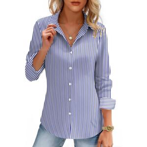 imageHOTOUCH Womens Button Down Shirts Long Sleeve Dress Shirt Slim Fitted Work Tops Collared Dressy Casual Business BlousesBlue Stripes