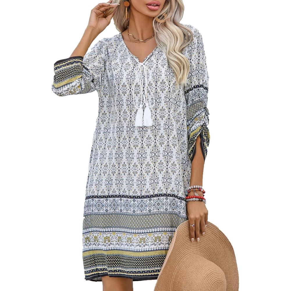 imageHOTOUCH Women Casual Beach Summer Dress Boho Tassel Tie Neck 34 Long Sleeve Short Floral Print Flowy Cover Up SundressesAwhite