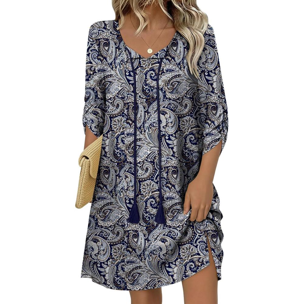 imageHOTOUCH Women Casual Beach Summer Dress Boho Tassel Tie Neck 34 Long Sleeve Short Floral Print Flowy Cover Up SundressesMz473