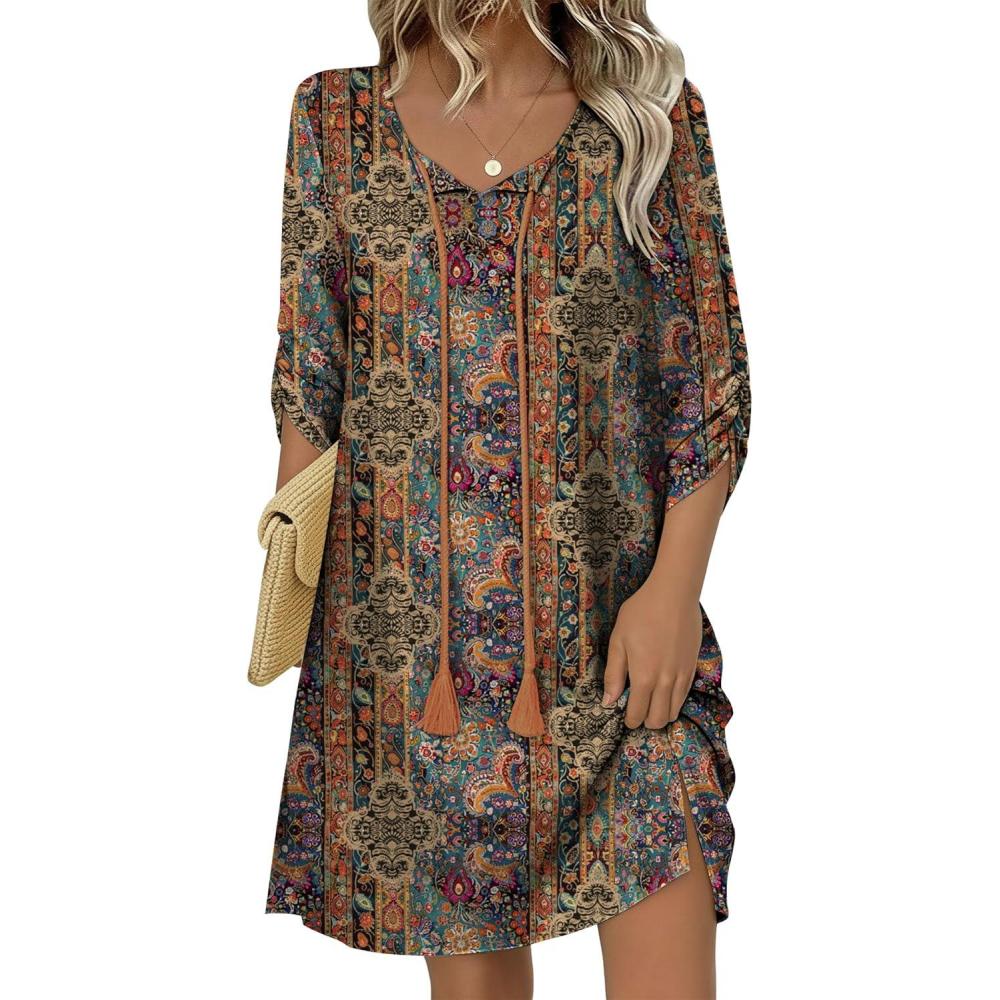 imageHOTOUCH Women Casual Beach Summer Dress Boho Tassel Tie Neck 34 Long Sleeve Short Floral Print Flowy Cover Up SundressesMz721