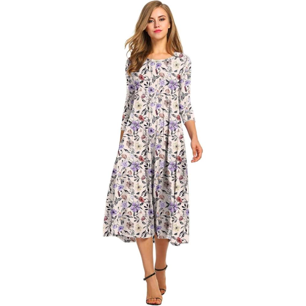 imageHOTOUCH Womens 34 Sleeve Aline and Flare Midi Long DressBeige Floral 01