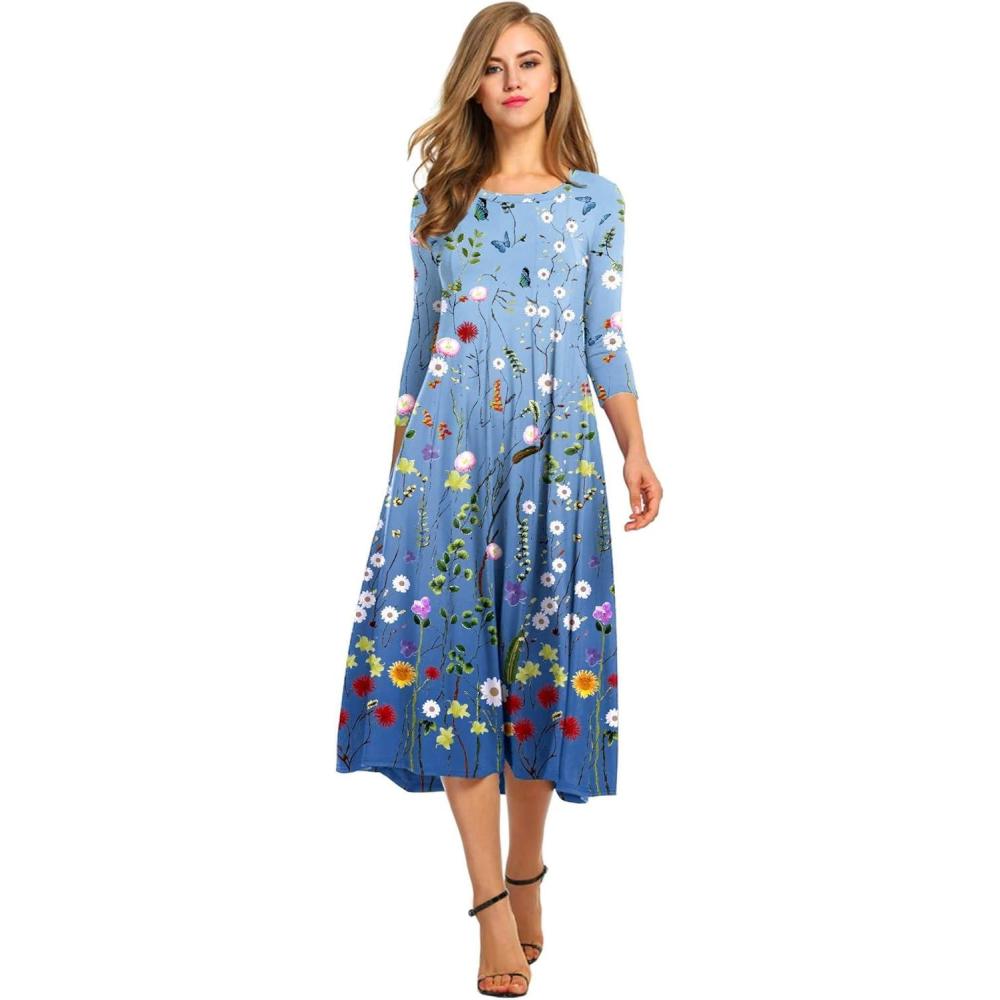 imageHOTOUCH Womens 34 Sleeve Aline and Flare Midi Long DressBlue Floral 02