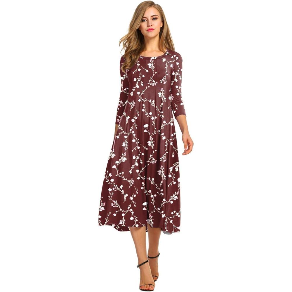 imageHOTOUCH Womens 34 Sleeve Aline and Flare Midi Long DressBurgundy Floral