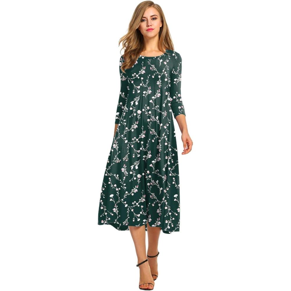 imageHOTOUCH Womens 34 Sleeve Aline and Flare Midi Long DressDeep Green Floral
