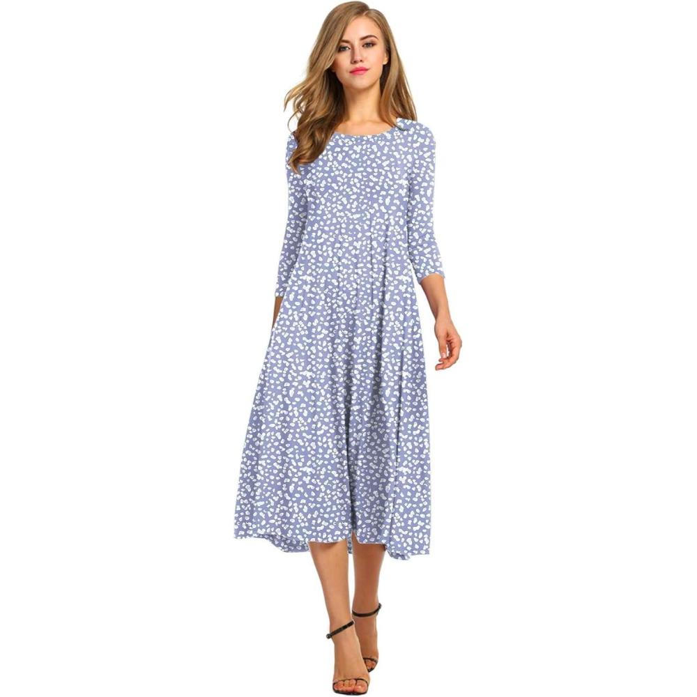 imageHOTOUCH Womens 34 Sleeve Aline and Flare Midi Long DressGrey Dot Printed