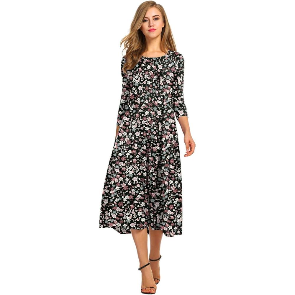 imageHOTOUCH Womens 34 Sleeve Aline and Flare Midi Long DressMix Flower 01