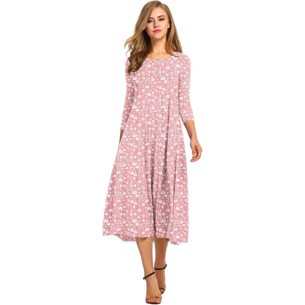 imageHOTOUCH Womens 34 Sleeve Aline and Flare Midi Long DressPink Floral 01