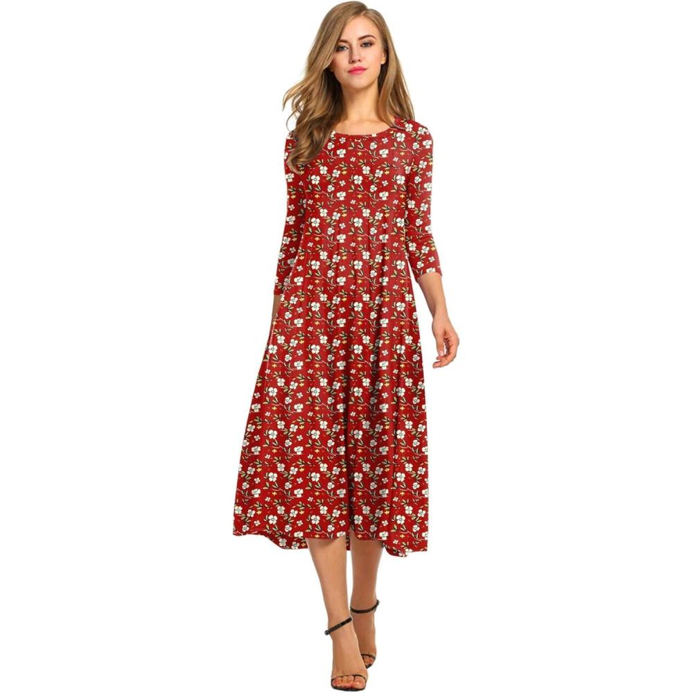imageHOTOUCH Womens 34 Sleeve Aline and Flare Midi Long DressRed Flower 01