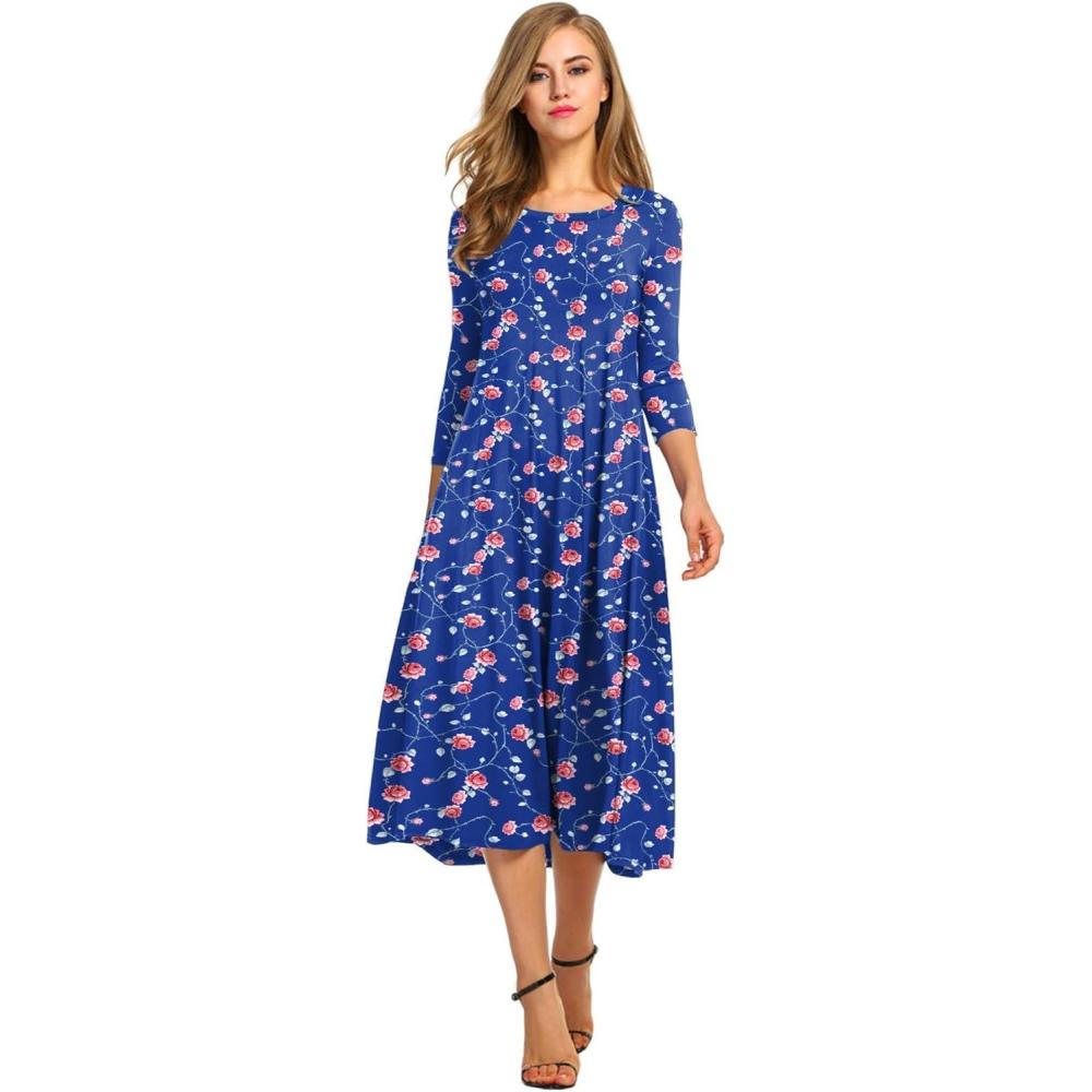 imageHOTOUCH Womens 34 Sleeve Aline and Flare Midi Long DressRoyal Blue Floral