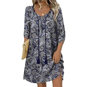 imageHOTOUCH Women Casual Beach Summer Dress Boho Tassel Tie Neck 34 Long Sleeve Short Floral Print Flowy Cover Up SundressesMz473