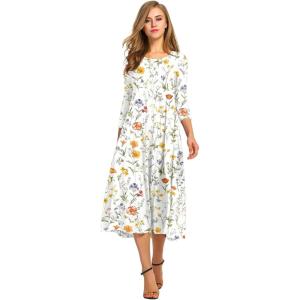 imageHOTOUCH Womens 34 Sleeve Aline and Flare Midi Long DressWhite Floral 02