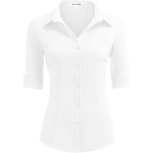 imageHOTOUCH Womens Basic Button Down Shirts 34 Sleeve Stretch Button Up Dress Shirt Slim Fit Waitress Work ShirtsWhite