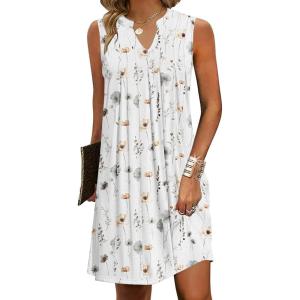 imageHOTOUCH Women Casual ALine Dress with Pockets 2024 Sleeveless V Neck Pleated Sundress Loose TShirt Work Office DressesWhite Printed
