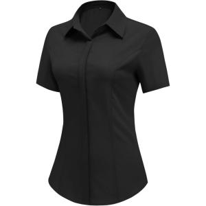imageHOTOUCH Women Short Sleeve Button Down Shirts Business Work Fitted Collared Blouse Office Basic Summer Tops S2XLAblack