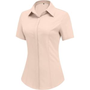 imageHOTOUCH Women Short Sleeve Button Down Shirts Business Work Fitted Collared Blouse Office Basic Summer Tops S2XLKhaki