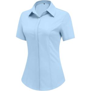 imageHOTOUCH Women Short Sleeve Button Down Shirts Business Work Fitted Collared Blouse Office Basic Summer Tops S2XLLight Blue
