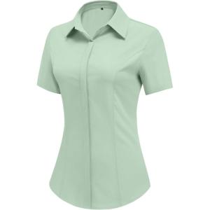 imageHOTOUCH Women Short Sleeve Button Down Shirts Business Work Fitted Collared Blouse Office Basic Summer Tops S2XLLight Green