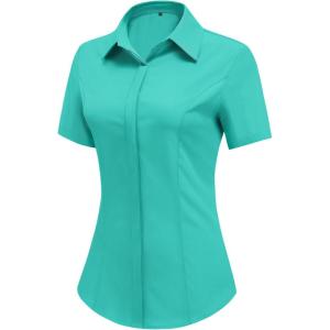 imageHOTOUCH Women Short Sleeve Button Down Shirts Business Work Fitted Collared Blouse Office Basic Summer Tops S2XLMint Green