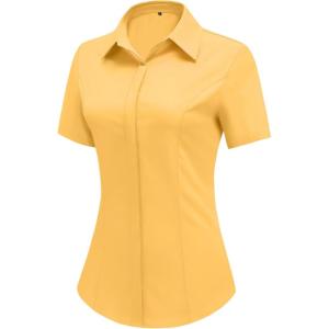 imageHOTOUCH Women Short Sleeve Button Down Shirts Business Work Fitted Collared Blouse Office Basic Summer Tops S2XLMustard