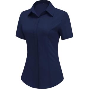 imageHOTOUCH Women Short Sleeve Button Down Shirts Business Work Fitted Collared Blouse Office Basic Summer Tops S2XLNavy Blue