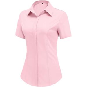 imageHOTOUCH Women Short Sleeve Button Down Shirts Business Work Fitted Collared Blouse Office Basic Summer Tops S2XLPink