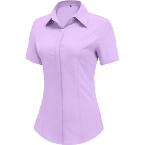 imageHOTOUCH Women Short Sleeve Button Down Shirts Business Work Fitted Collared Blouse Office Basic Summer Tops S2XLPurple