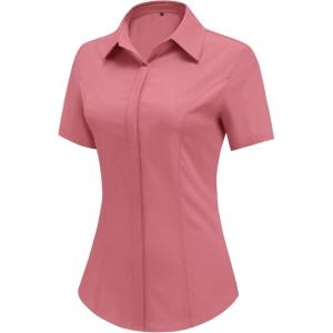 imageHOTOUCH Women Short Sleeve Button Down Shirts Business Work Fitted Collared Blouse Office Basic Summer Tops S2XLRusty Rose