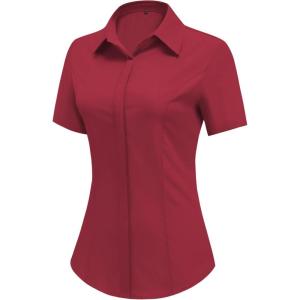 imageHOTOUCH Women Short Sleeve Button Down Shirts Business Work Fitted Collared Blouse Office Basic Summer Tops S2XLWine Red